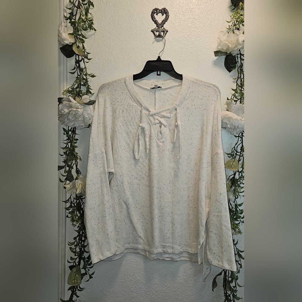 White Birch XL speckled tie front long sleeve top